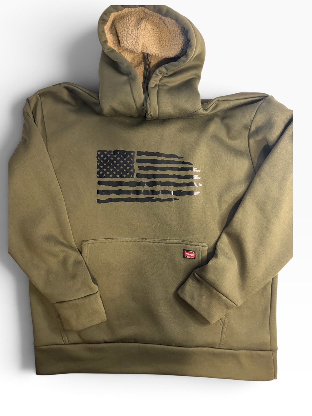 Wrangler Workwear Men’s XL Sherpa Lined Hoodie Olive American Flag